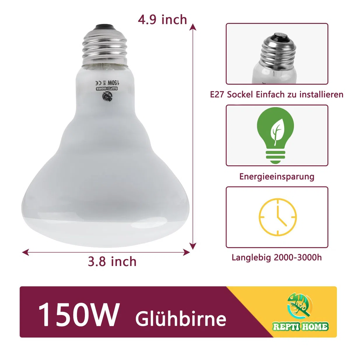 Lampada di Calore per Rettili, 150W Lampade di Calore per Anfibi, Luce Diurna UVA per Rettili, Drago Barbuto, Lucertola, Tartaruga, Pollo