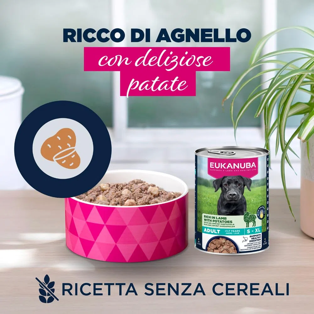 EUKANUBA Cibo umido per cani con agnello e patate, Alimento umido premium senza cereali per cani adulti, 6 barattoli da 400 g