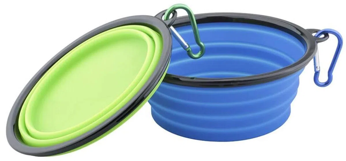 2 Pcs Pieghevole Viaggio Ciotole per Cani Gatti Animali Domestici, Mangiatoia Abbeveratoio Portatile in Silicone Alimentare con Gancio Porta Acqua, Portatile Verde e Blu Pieghevole in Silicone
