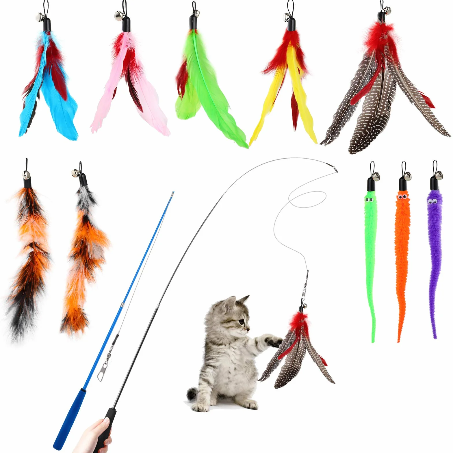 Hianjoo 12PCS Giochi con Piume per Gatto, Giocattoli Interattivi per Gatti 2 Bacchette per Gatti Retrattili Divertenti e 10 Teaser di Piume di Ricambio con Campana