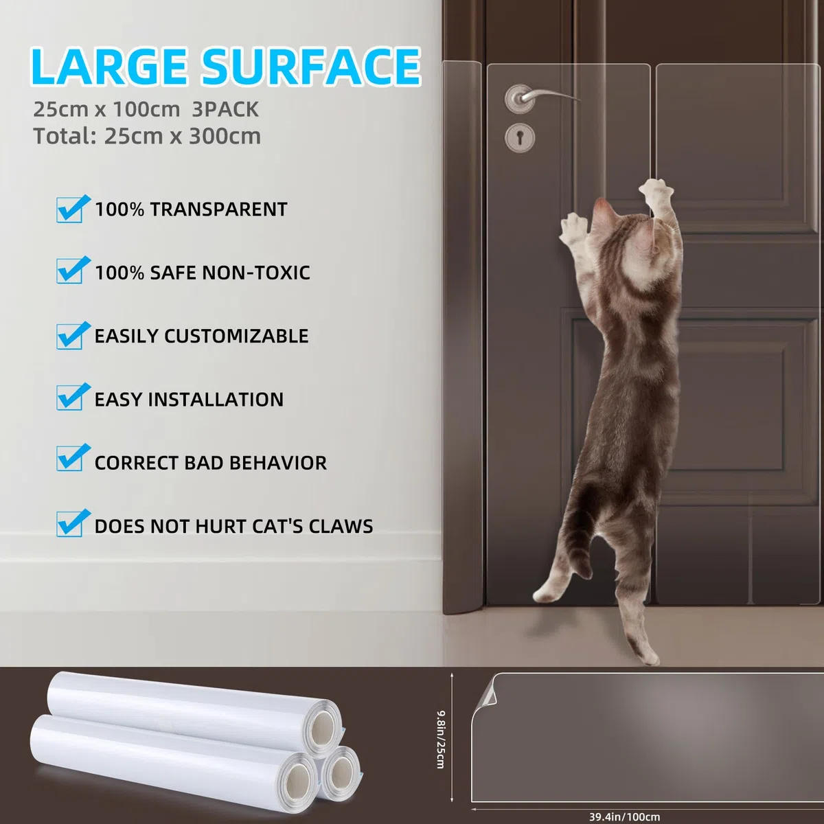 Protettore Porta Antigraffio [3-Rotolo], Protezione Graffi Gatto [Vinile Spesso], AntiGraffio Protector per Cani e Gatti, Deterrente Autoadesivo Protezione Antigraffio per Porte/Muro - 25x100cm