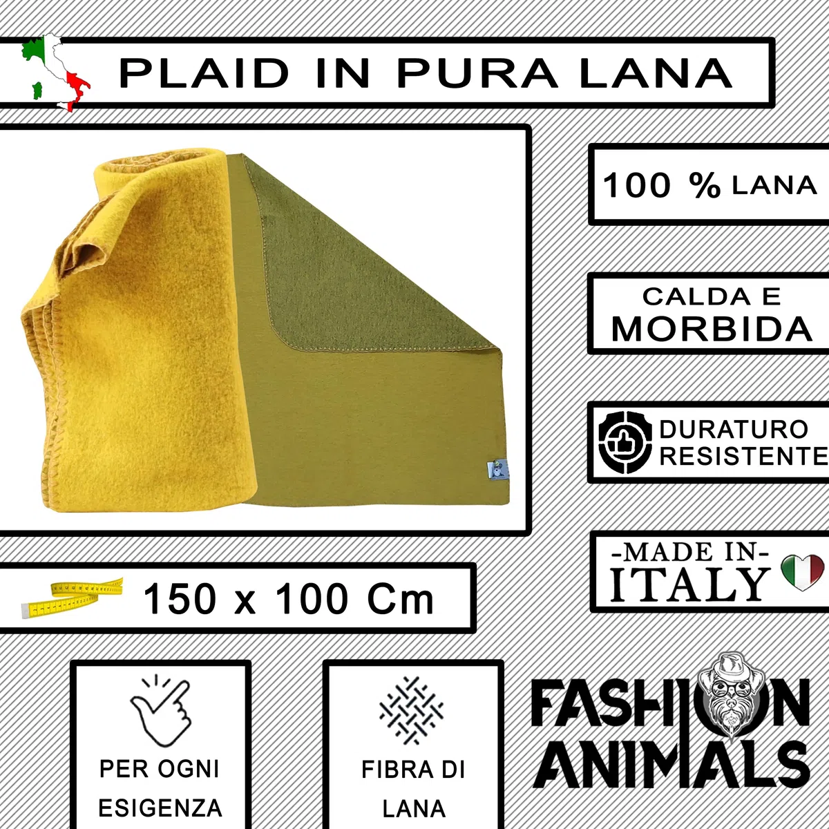Coperta per Cani Plaid in Lana, Pelliccia, Cashmere 150x100 (Senape-Lana) | Elegante e Calda, Ideale plaid cane e gatti, Alta Qualità Made in Italy (S.L.)