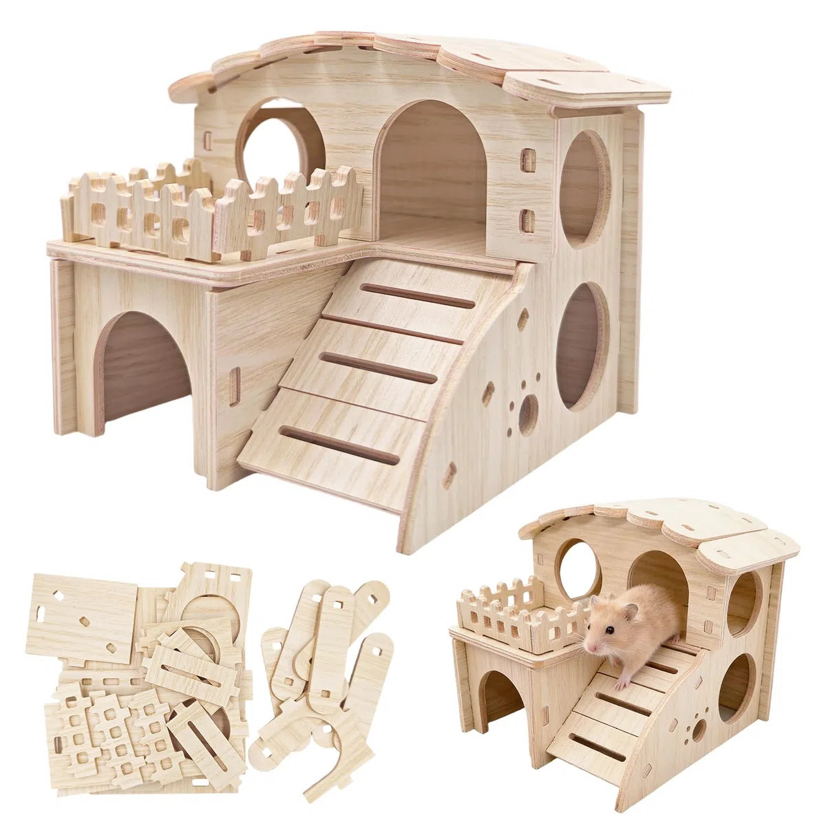 Casetta per Criceti,casetta criceto legno,Casetta in Legno per Criceti a 2 Piani, Rifugio Smontabile per Piccoli Animali Criceti Nano, Gerbil, Porcellini d'India (14 x 13 x 12,5 cm)