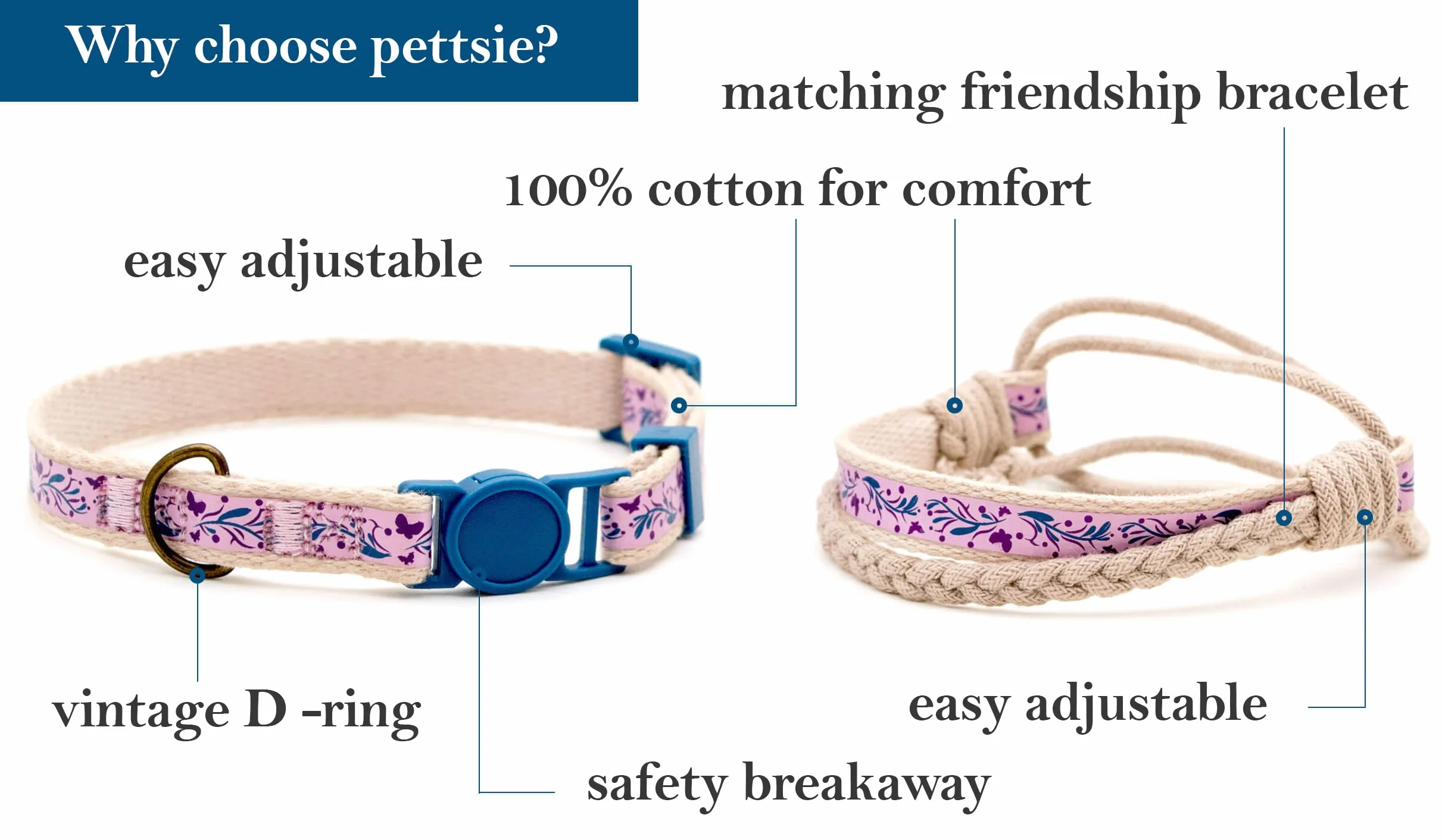 Pettsie braccialetto dell' amicizia durevole 100% cotone extra sicurezza D-Ring accessori confortevole morbido cotone facile regolabile (19-29 cm)