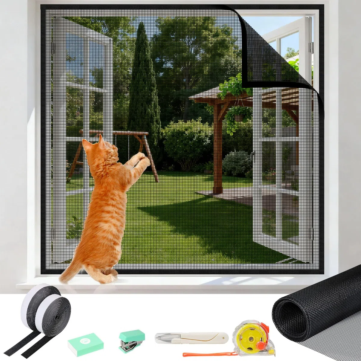 Rete per gatti e finestre, a prova di gatto, regolabile, con nastro adesivo, forbici, cucitrice (100 x 130 cm)
