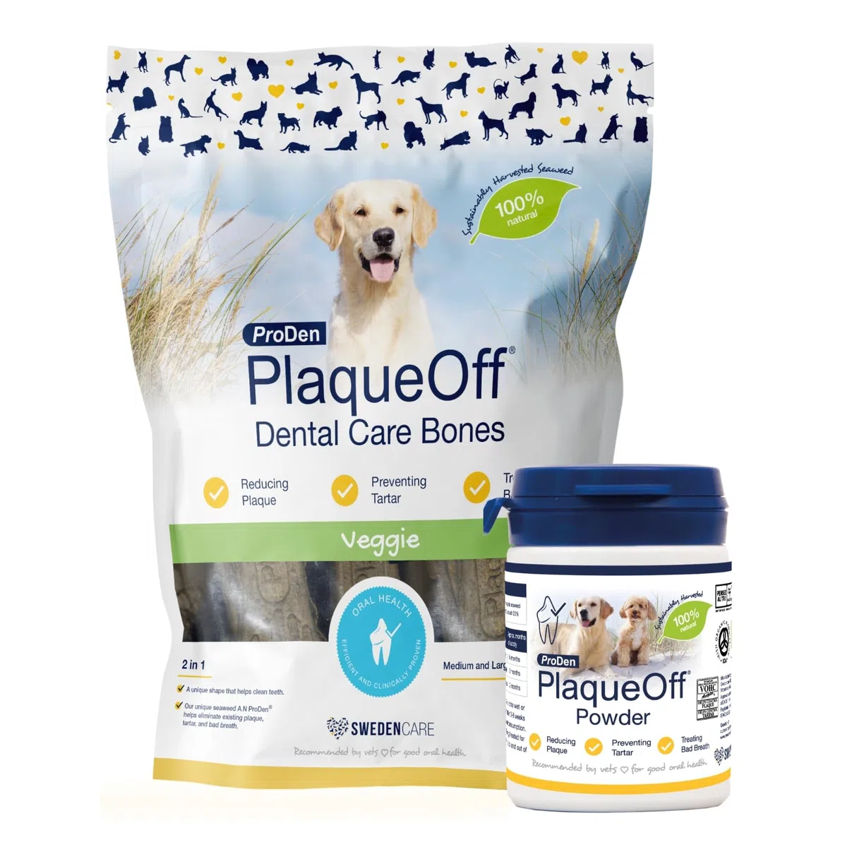 ProDen PlaqueOff Rimuovi Tartaro e Alito Cattivo 100% Naturale per Cani – Polvere Dentale da 60g con 13 Ossetti Vegetali – Confezione per Denti Sani e Alito Fresco