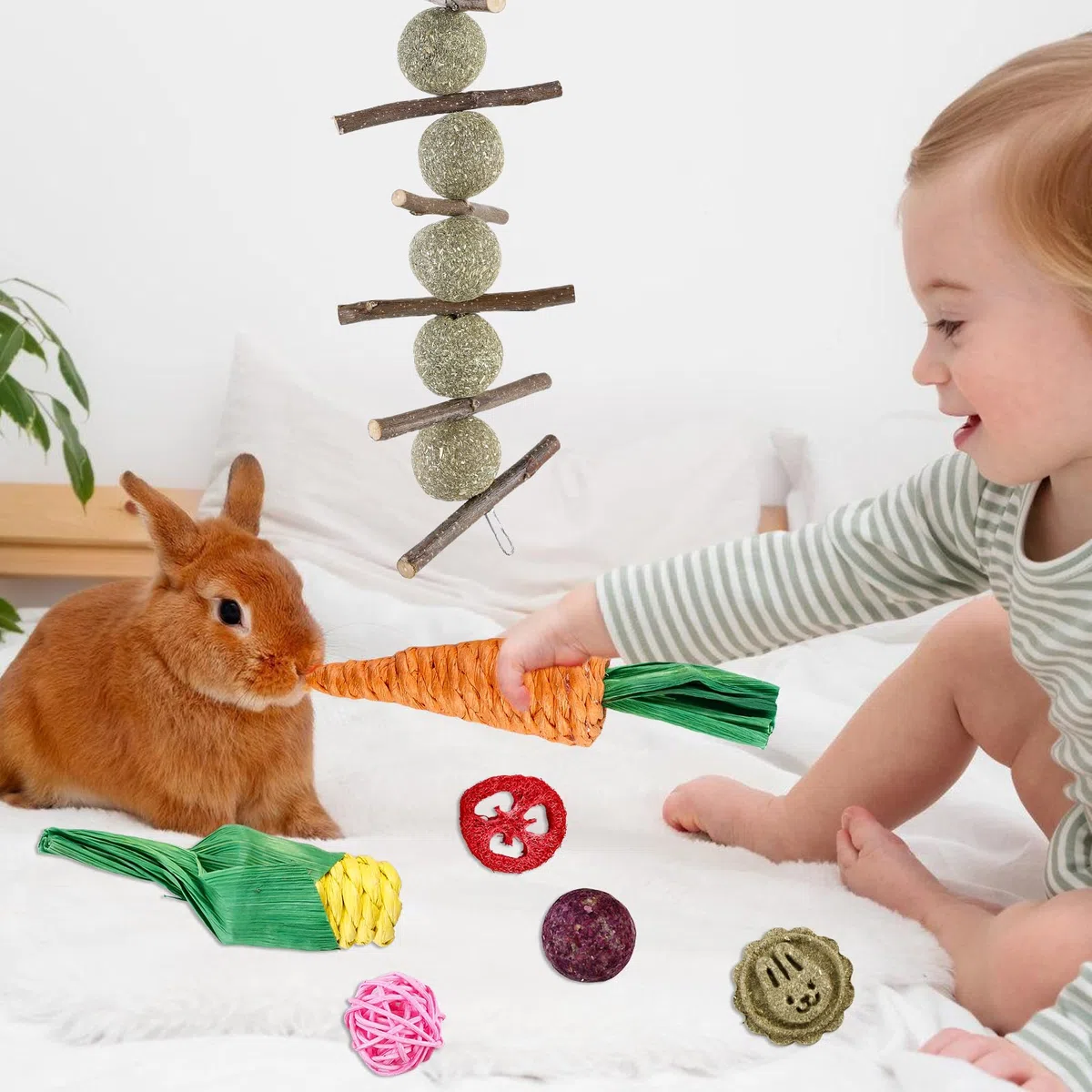BAIFULAI 21 giocattoli da masticare per conigli, accessori con bastoncini di mela, bastoncini di fieno timothy, piccoli animali molari, cura dentale per criceti, porcellini d'India, pappagallo