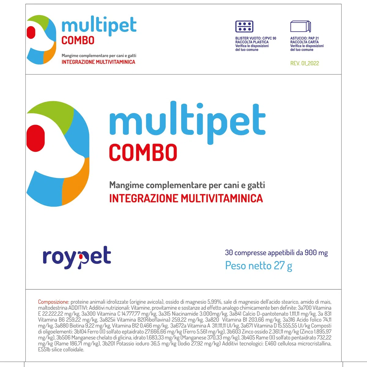 Roypet Multipet Combo, Mangime Complementare, Integratore per Cane e Gatto, 30 compresse