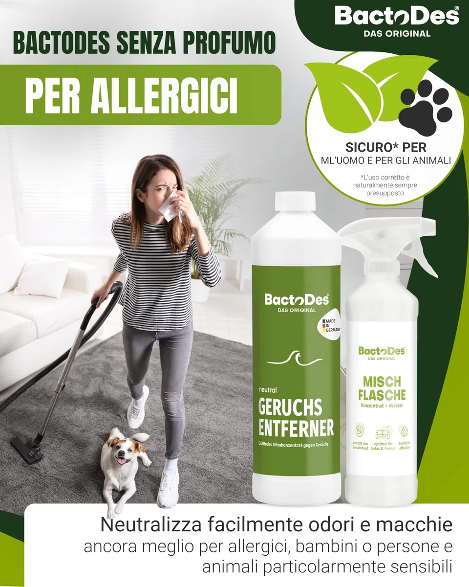 BactoDes Neutral Geruchsneutralisierer 1L I Geruchloser Enzymreiniger mit biologischer Mikrobenkraft & Tiefenwirkung inkl. Spray-Mischflasche I Effektiver Geruchsentferner für Haus, Auto & Textilien