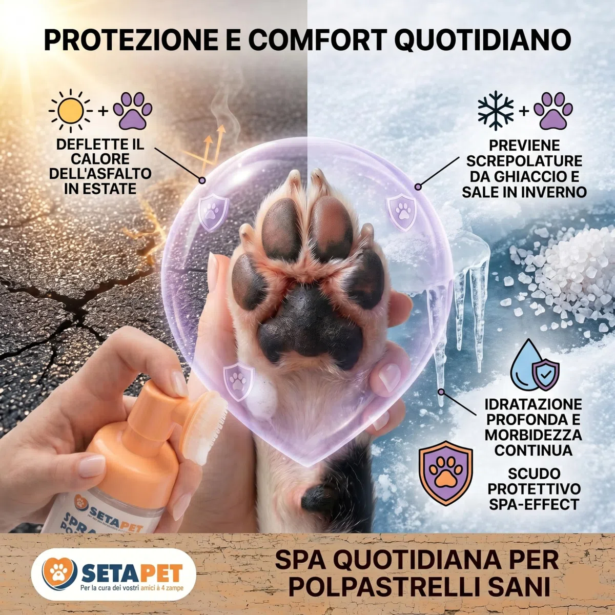 Spray per Polpastrelli Cani e Gatti con Spazzola in Silicone Integrata, Schiuma Detergente e Idratante Senza Risciacquo con Lavanda e Camomilla, Cura delle Zampe 150ml