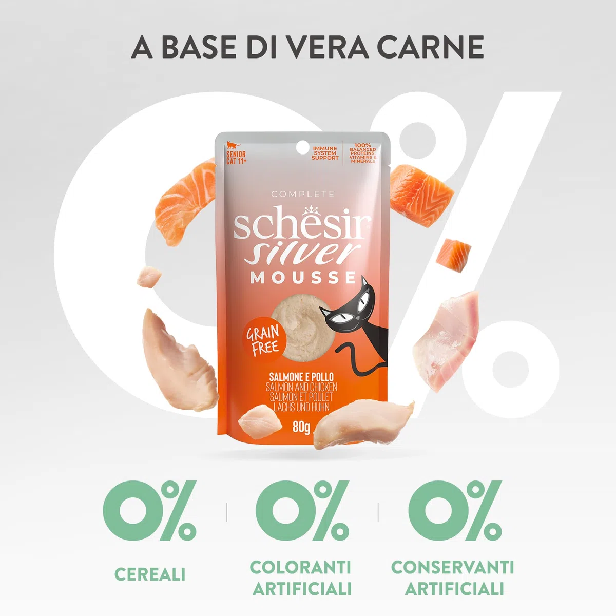 Schesir Silver, Salmone in Mousse, Alimento Umido Completo per Gatti Anziani, Grain Free, Supporta il Sistema Immunitario, Ricco di Idratazione, 12 x 80 g