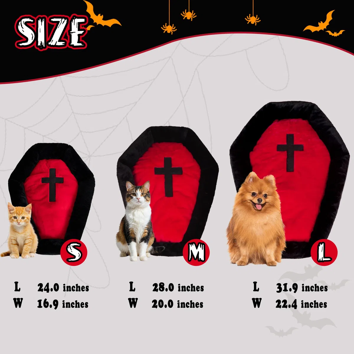 Fantasreen Gothic Cat Beds Fits up to 25 lbs, Washble Coffin Cat Bed, Goth Pet Bed, Halloween House 24 * 16.9 Inch, Red & Black Small