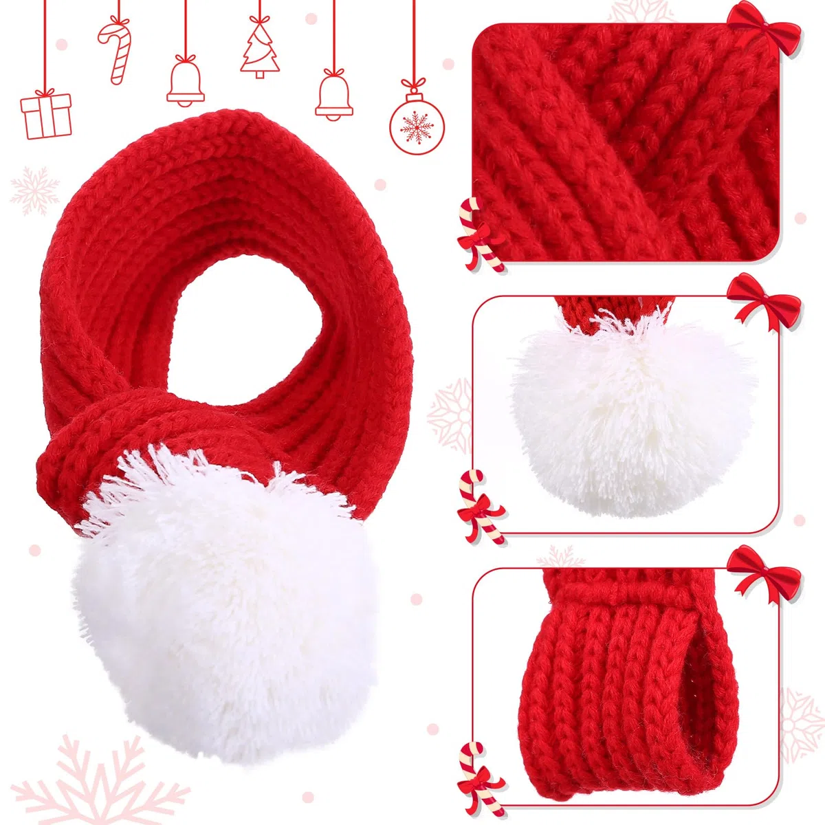 Naler Sciarpa Natalizia per Animali Domestici Sciarpa Rossa a Maglia per Animali Domestici con Pom Pom Bianco, Regalo Natale per Cani e Gatti Feste E Cosplay 60 * 8.5 cm, L