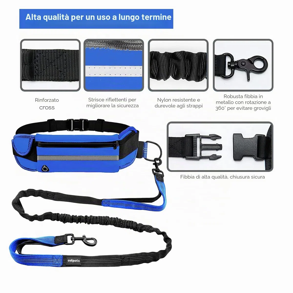 Edipets, Guinzaglio Mani Libere per Cani, per Corsa, Jogging, Running, Anti-tiro, Riflettente, 160-220 cm (Blu)