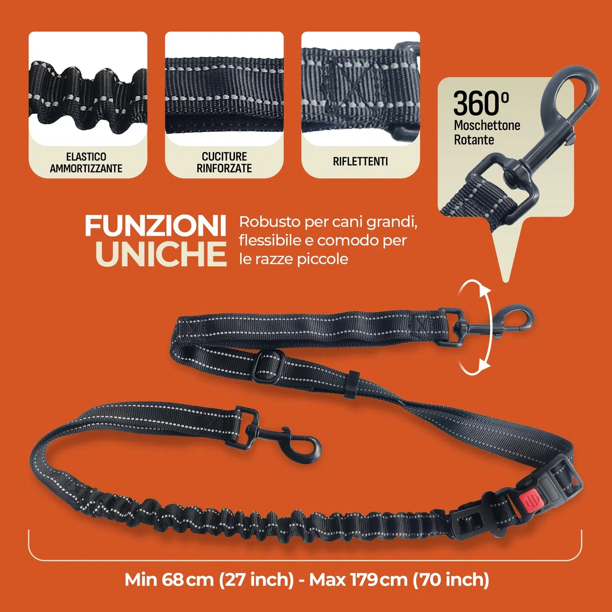 PORTENTUM Guinzaglio mani libere per cani con cintura regolabile 60–127 cm – Ideale per correre, camminare ed escursioni – Design antitrazione con tasche integrate e cuciture riflettenti – Nero