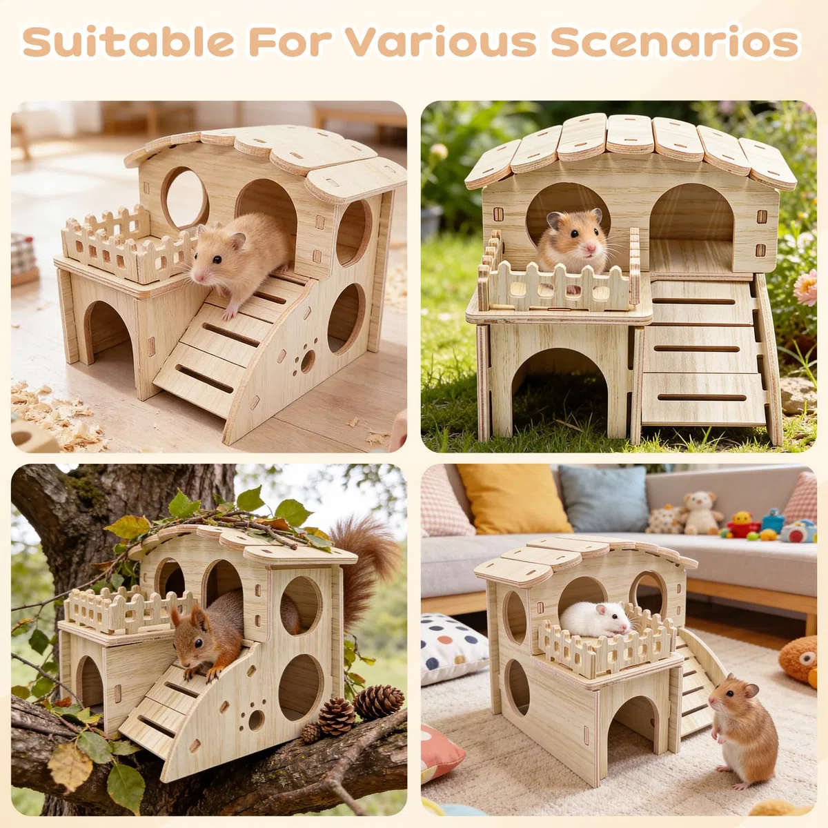 Casetta per Criceti,casetta criceto legno,Casetta in Legno per Criceti a 2 Piani, Rifugio Smontabile per Piccoli Animali Criceti Nano, Gerbil, Porcellini d'India (14 x 13 x 12,5 cm)