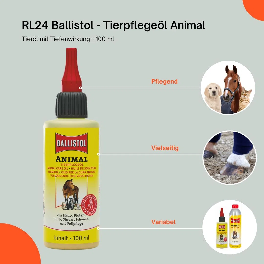 RL24 Ballistol Animal - Olio per animali domestici con effetto profondo, cura delicata per cavalli, cani ecc. | ideale per la cura della coda, del pelo e degli zoccoli | per la casa, il cortile e gli