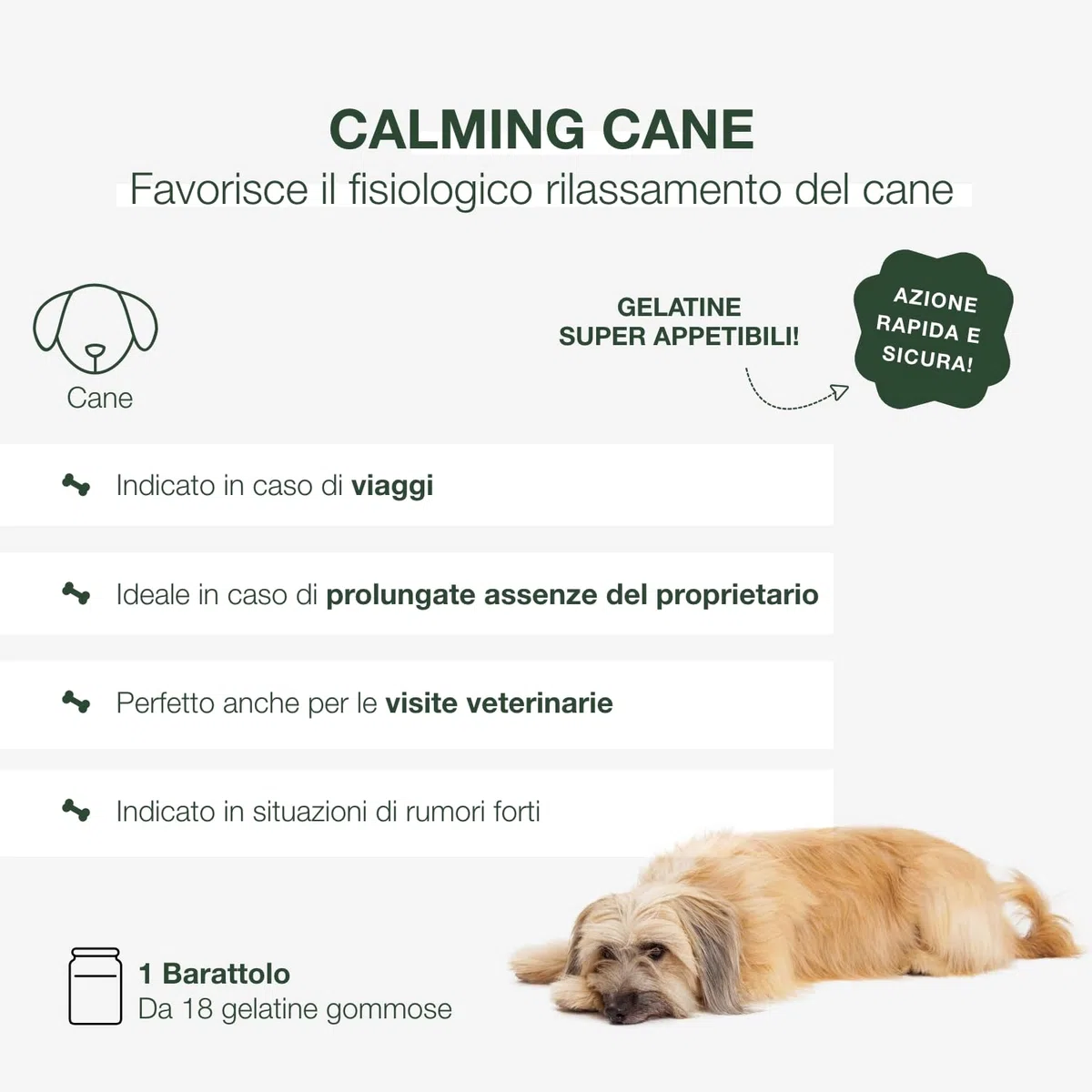 Calming per Cani Integratore Calmante 100% Naturale per Cani Agitati e Iperattivi Senza Controindicazioni - 18 Comode Gelatine da Masticare, Favorisce la Tranquillità del Cane per Auto Viaggi o Stress