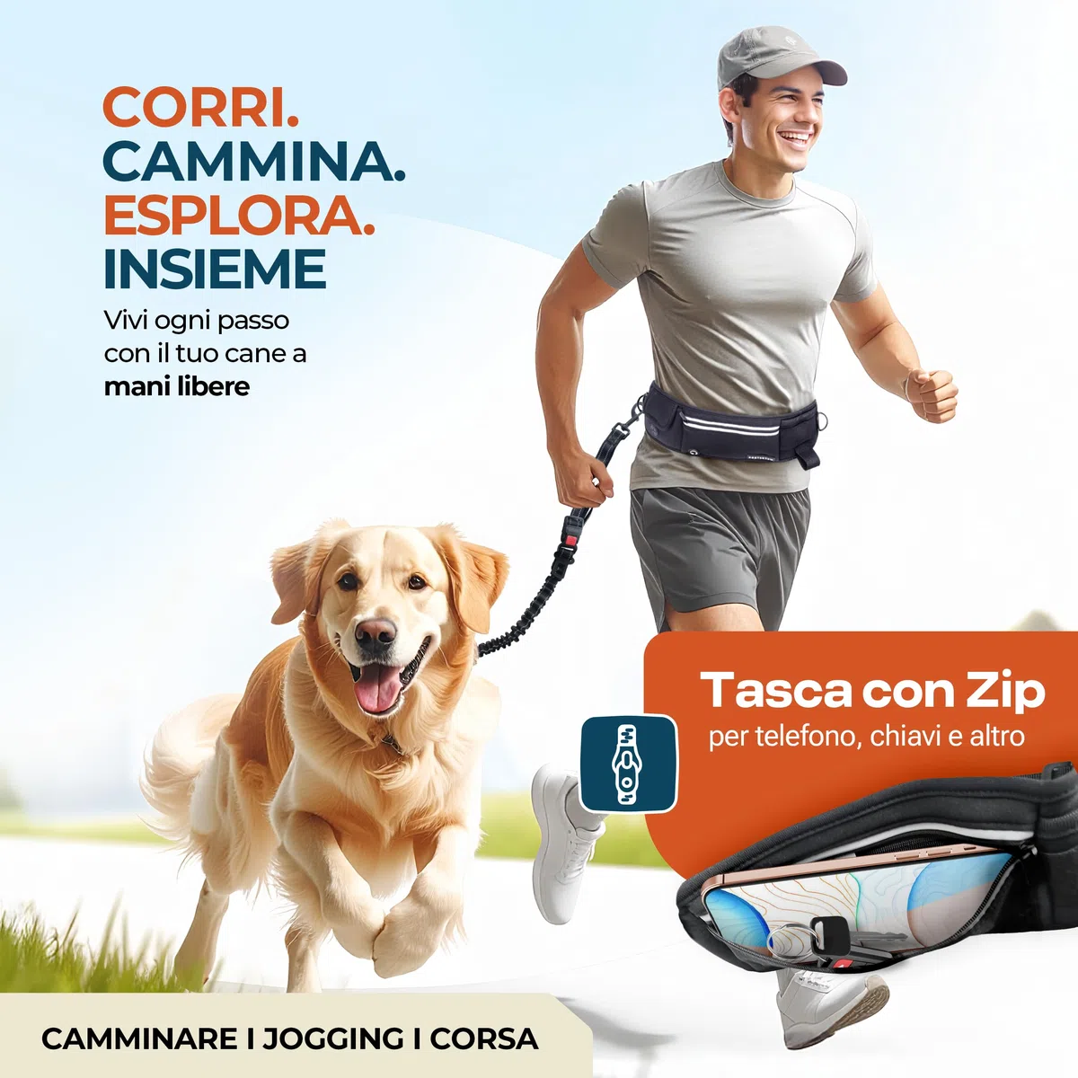 PORTENTUM Guinzaglio mani libere per cani con cintura regolabile 60–127 cm – Ideale per correre, camminare ed escursioni – Design antitrazione con tasche integrate e cuciture riflettenti – Nero