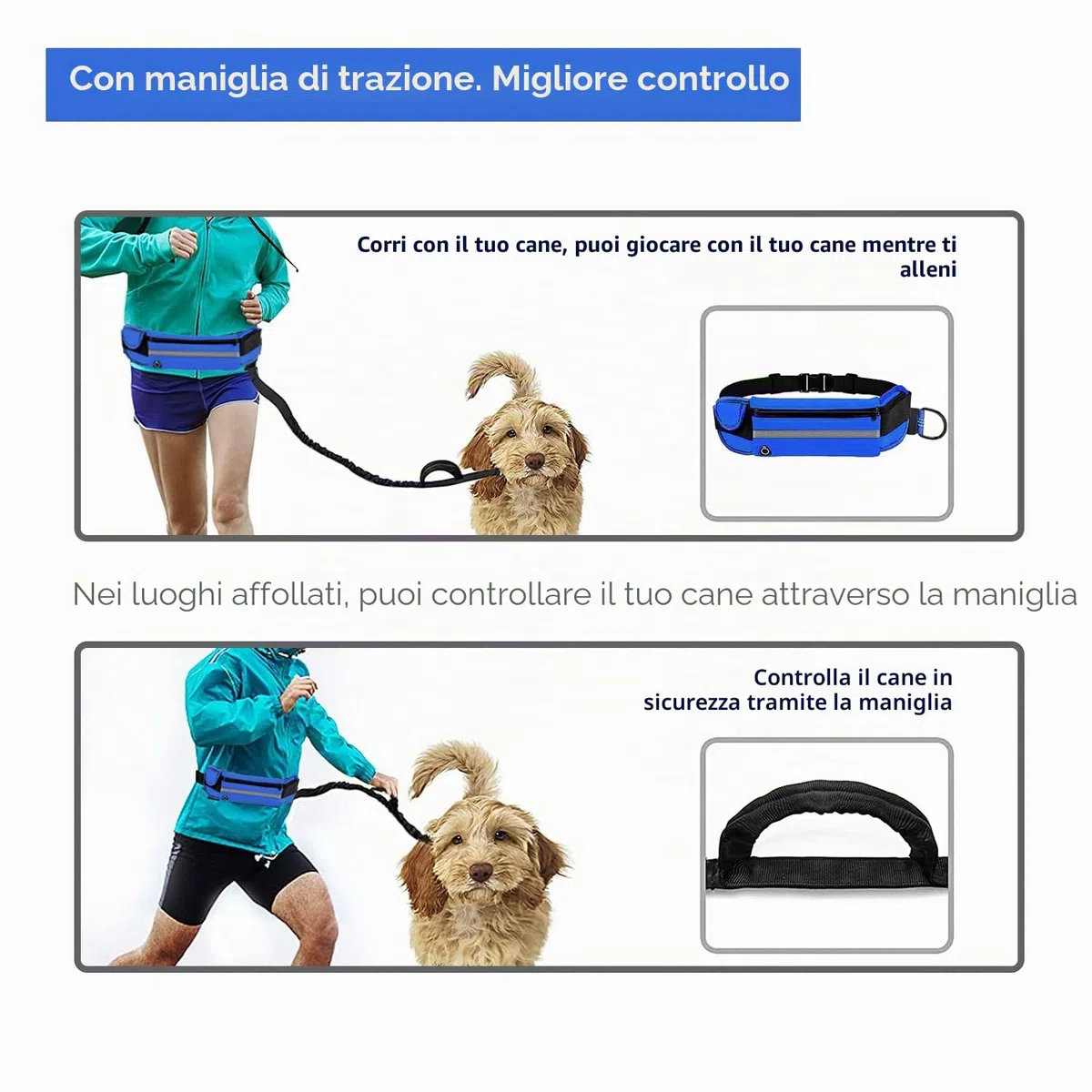 Edipets, Guinzaglio Mani Libere per Cani, per Corsa, Jogging, Running, Anti-tiro, Riflettente, 160-220 cm (Blu)