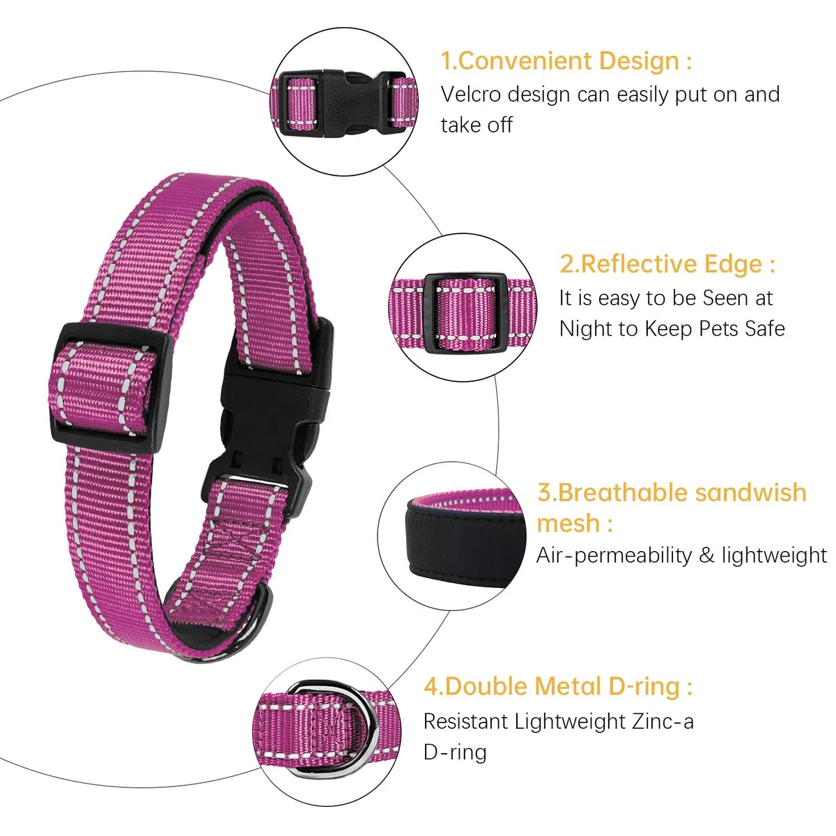 HEELE Collare per Cani, Collare Cane Riflettente Imbottito Nylon Regolabile Traspirante Collari per Cani di Taglia Media, Magenta, M(34-52cm)