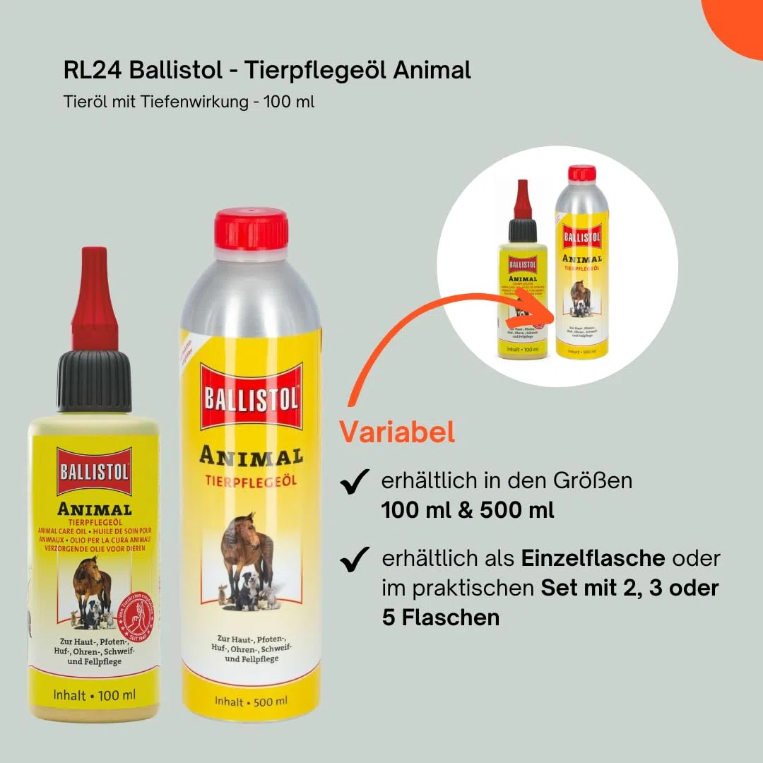 RL24 Ballistol Animal - Olio per animali domestici con effetto profondo, cura delicata per cavalli, cani ecc. | ideale per la cura della coda, del pelo e degli zoccoli | per la casa, il cortile e gli