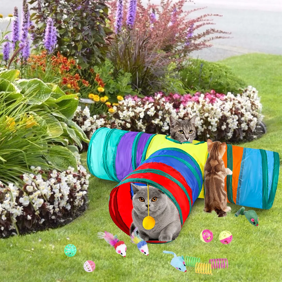 Vegena Set di Giocattoli per Gatti da 24 Pezzi: Tunnel Pieghevole a 3 Vie, Giocattolo Interattivo per Piccoli Animali, Adatto per Interni ed Esterni (Colorato)