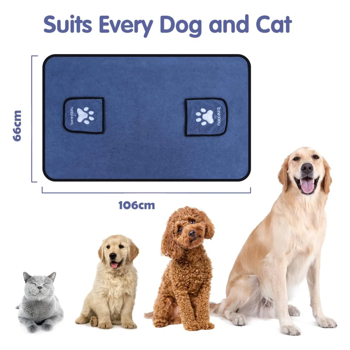 Nobleza Asciugamano da Bagno per Cani e Gatti in Microfibra Ultra Assorbente, Asciugatura Rapida, Morbido e Lavabile per Tutte Le Taglie, 106 x 66 cm, Blu