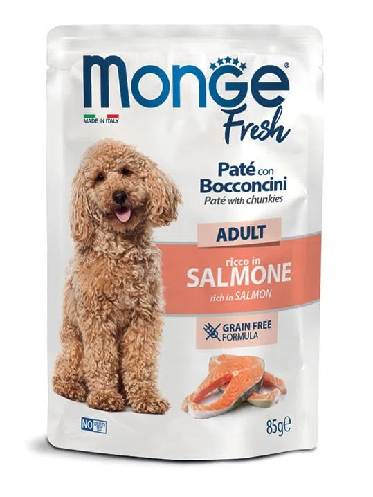 Monge Fresh Paté con Bocconcini ricco in Salmone, Cibo Umido per Cani Adulti, Senza Cereali, 12 Bustine da 85 g