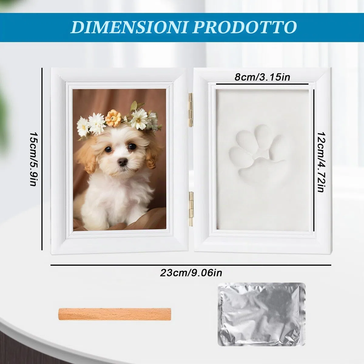 Sporgo Set di impronte di zampe per cani e gatto: cornice 3D con foto e impronte di zampa, set con supporto, cornice in legno per cani o proprietari di gatti
