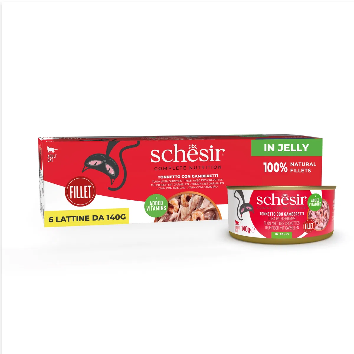 Schesir, Tonnetto con Gamberetti in Gelatina, Alimento Umido Completo per Gatti, in Lattina, con Vitamine Aggiunte, 100% filetti naturali, Cruelty-Free, 140g