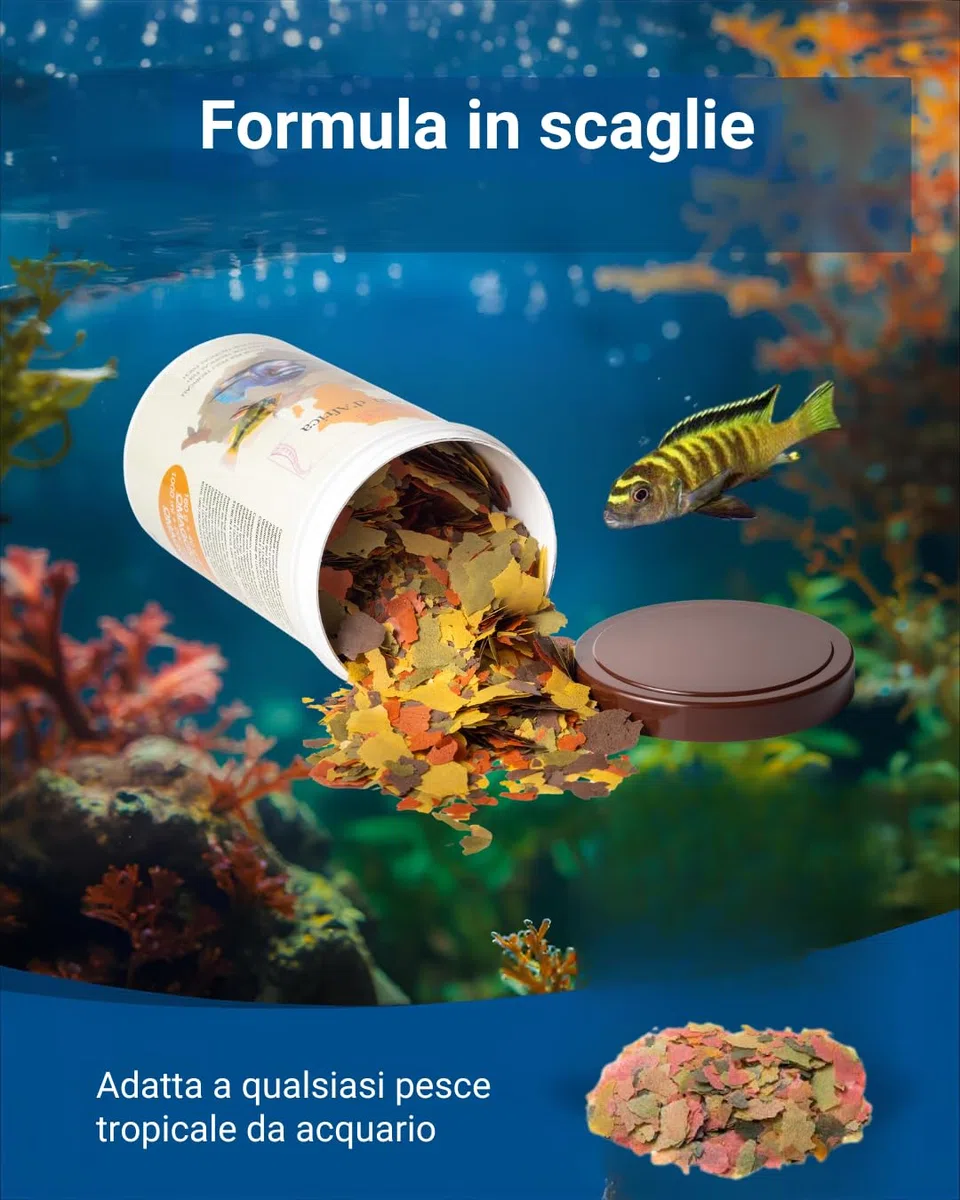 Acquari d'Africa Mangime Pesci Tropicali in Scaglie 1200ml | Formula Pura con Spirulina, Aloe Vera e Vitamine A-C-E | Per Colori Intensi e Crescita Sana | 100% Made in Italy (1000ml + 200ml Bouns)