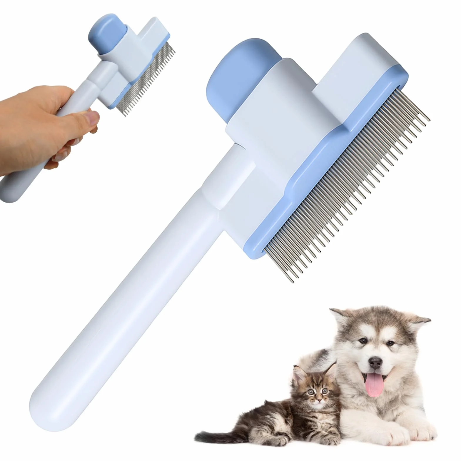Spazzola per Gatti, Spazzola Gatti e Cani, per Capelli Fluttuanti, Pulizia con Un Clic, 1mm Denti Rondati in Acciaio Inossidabile, Spazzola Gatto Pelo Corto e Lungo, Delicato Sulla Pelle