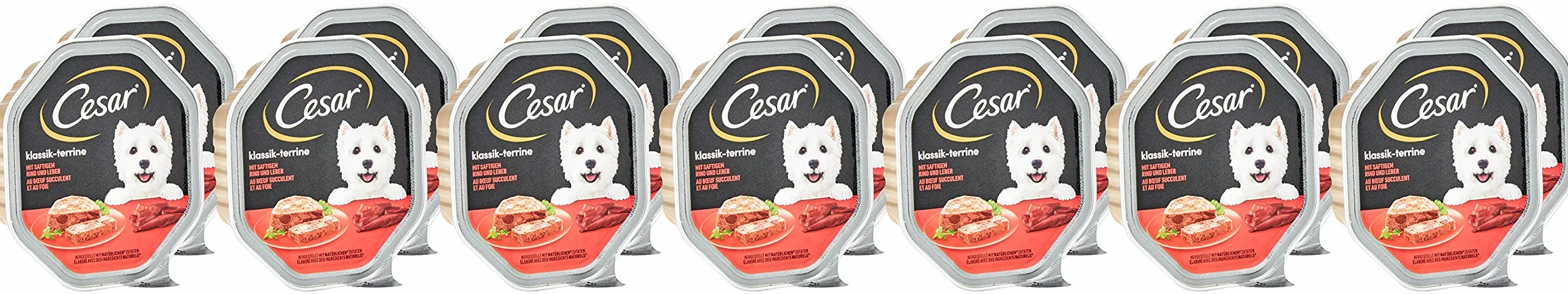 Cesar - Cibo Umido per Cani, Classico con Manzo e fegato, Pacco da 7 (7 x 2 Ciotole x 150 g)