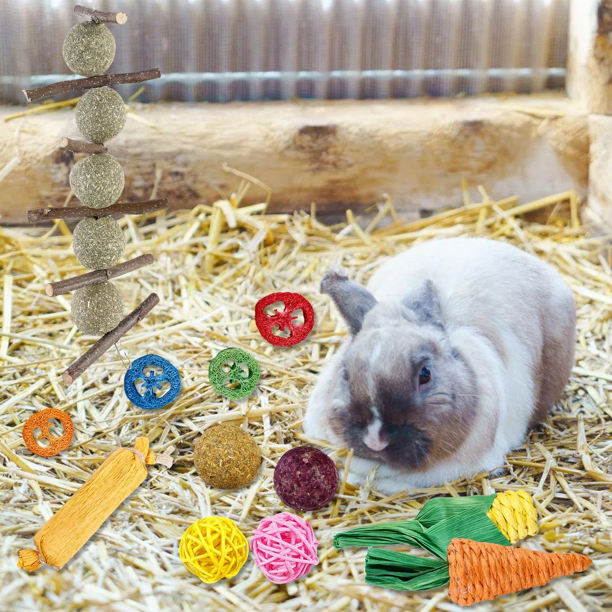 BAIFULAI 21 giocattoli da masticare per conigli, accessori con bastoncini di mela, bastoncini di fieno timothy, piccoli animali molari, cura dentale per criceti, porcellini d'India, pappagallo