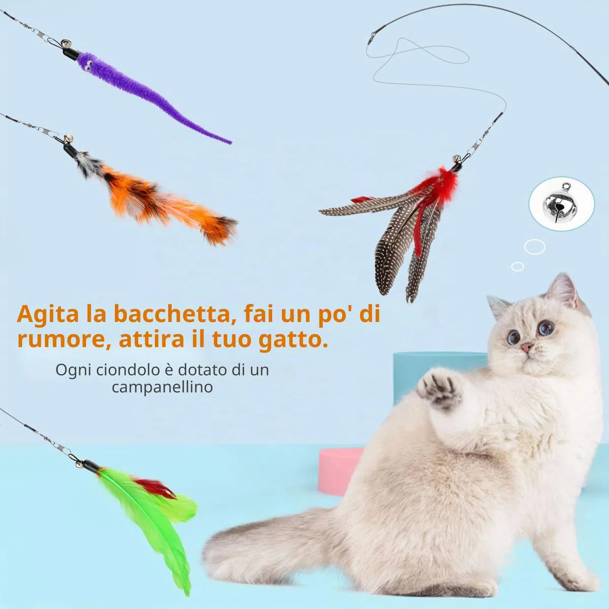 Hianjoo 12PCS Giochi con Piume per Gatto, Giocattoli Interattivi per Gatti 2 Bacchette per Gatti Retrattili Divertenti e 10 Teaser di Piume di Ricambio con Campana