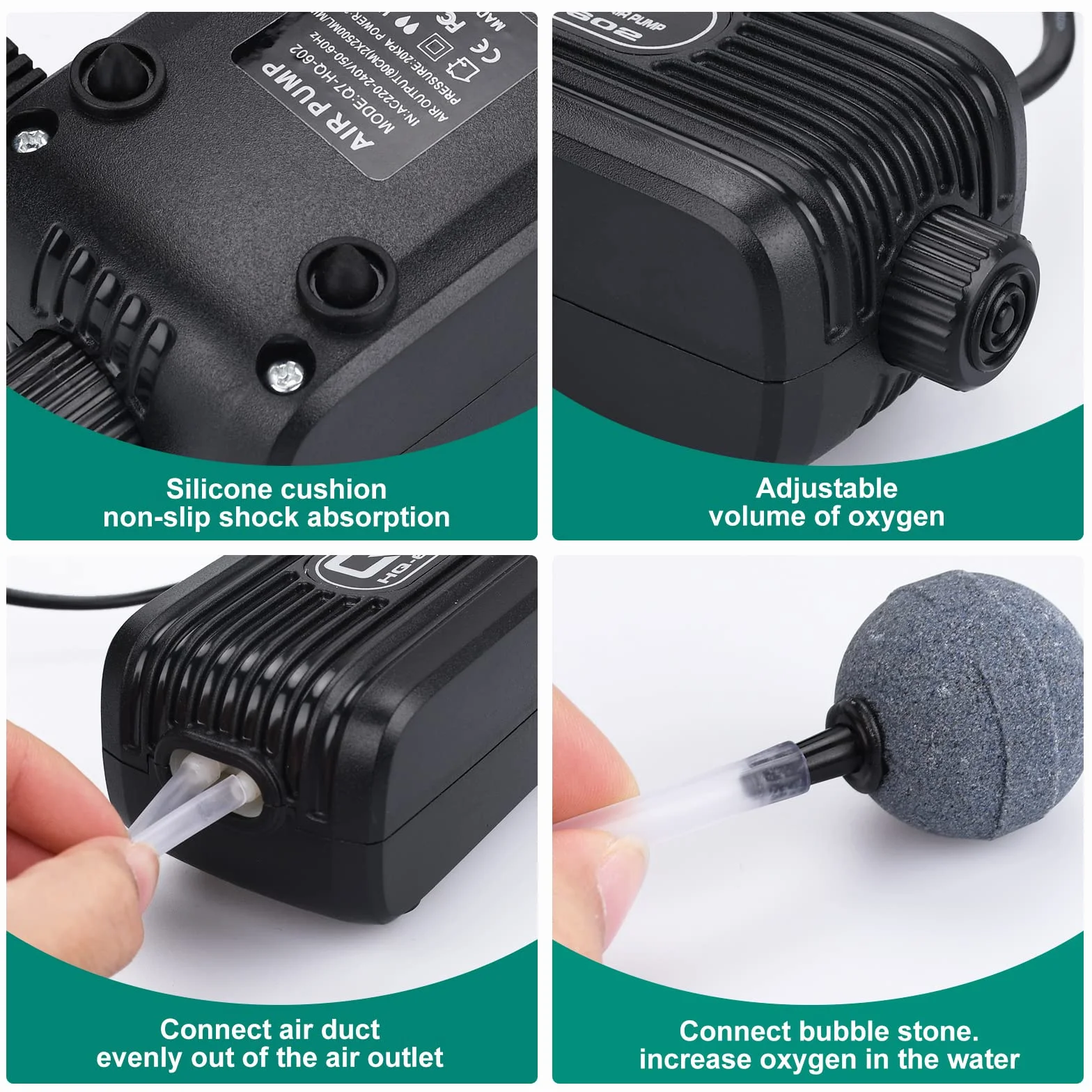 DIDUDE Ossigenatore per Acquario,20-40dB Areatore Acquario Ultra-Silenziosa,Acquari Potente a Doppia Uscita kit Pompa di Ossigeno con 2 Pietre a Bolle e 2 Valvole di Ritegno per Acquario da 10-300L