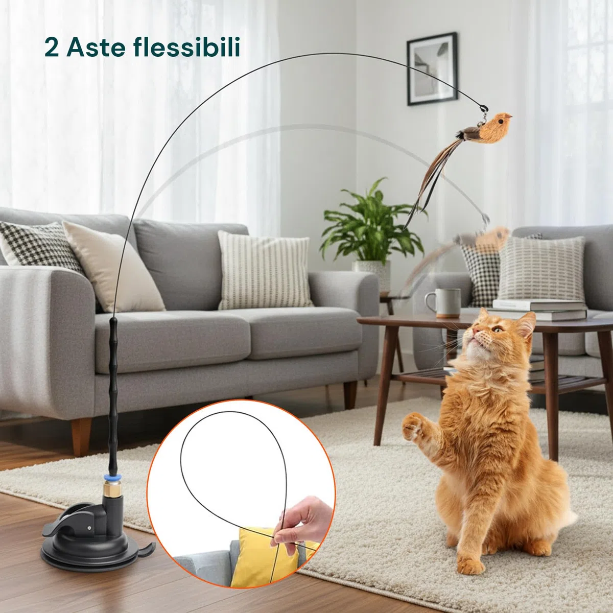 Avilia - Giochi per Gatti con Base Antiscivolo e Asta Flessibile, Gioco Interattivo con Piume e Uccellino, Stimola Istinto di Caccia, Ideale per Uso Domestico, Struttura Resistente e Sicura