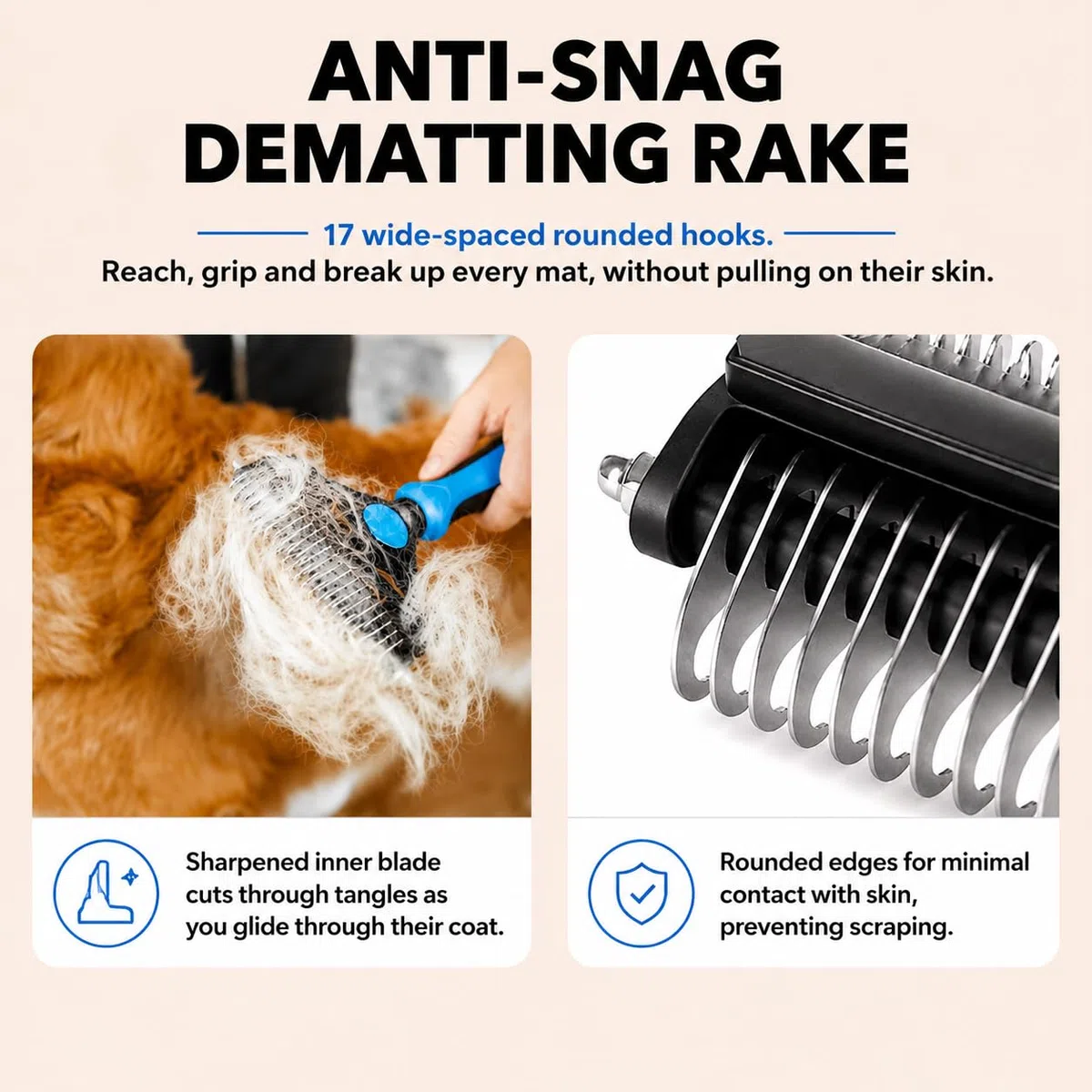 BeautyTrack Pettine sminuzzante per cani e gatti, rastrello e spazzole per cani di piccola e media taglia 11+6, lama a doppia faccia, rimuove nodi, sottopelo, tappetino per peli aggrovigliati (blu, M)
