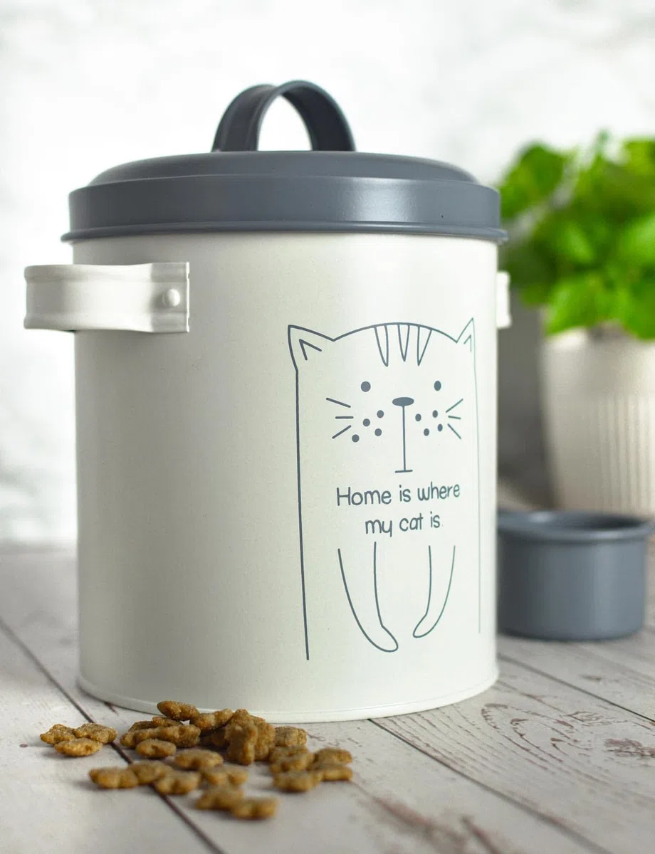 Sendez Contenitore per cibo secco con coperchio e cucchiaio, contenitore metallico per cibo per animali, contenitore per scorte, scatola per cibo per gatti, conservazione cibo per gatti