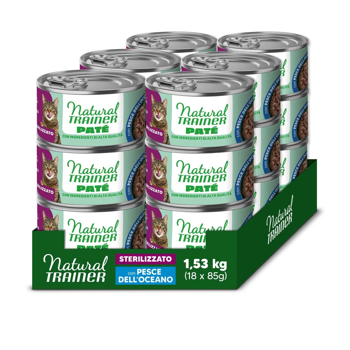 Natural Trainer Adult Sterilized Cibo umido per gatti adulti sterilizzati - Paté di Pesce dell'Oceano - 18 lattine da 85g