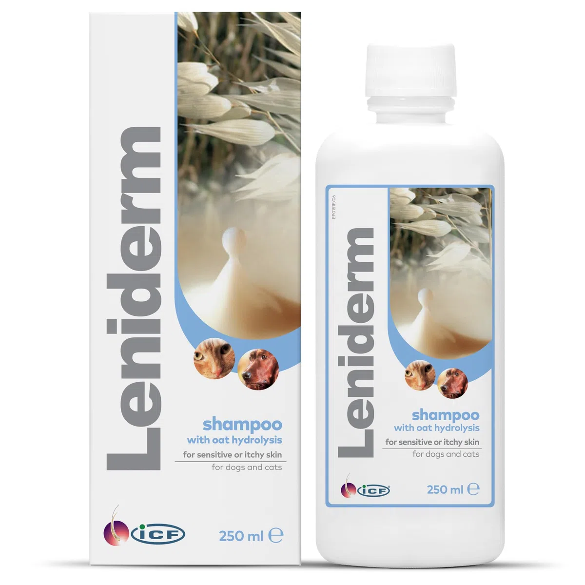 ICF | Leniderm | Shampoo per cani e gatti con infuso di avena | Cura lenitiva per la pelle pruriginosa o sensibile | Arricchito con avena idrolizzata, olio di cartamo, betaina, lanolina | 250 ml