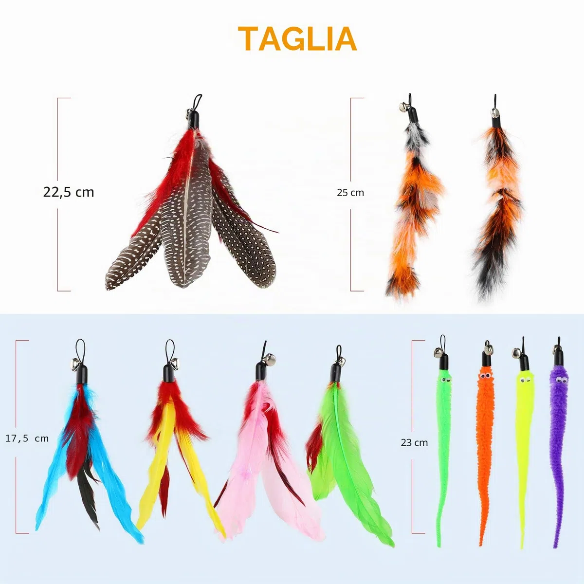 Hianjoo 12PCS Giochi con Piume per Gatto, Giocattoli Interattivi per Gatti 2 Bacchette per Gatti Retrattili Divertenti e 10 Teaser di Piume di Ricambio con Campana