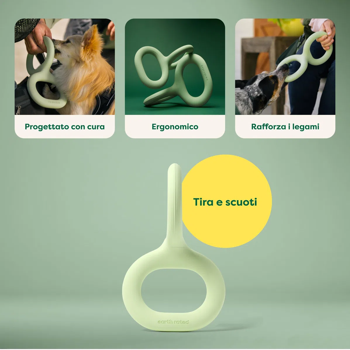 Earth Rated Tug of War - Giocattolo interattivo per cani adulti e cuccioli, impugnatura ergonomica, gomma naturale, piccolo, verde