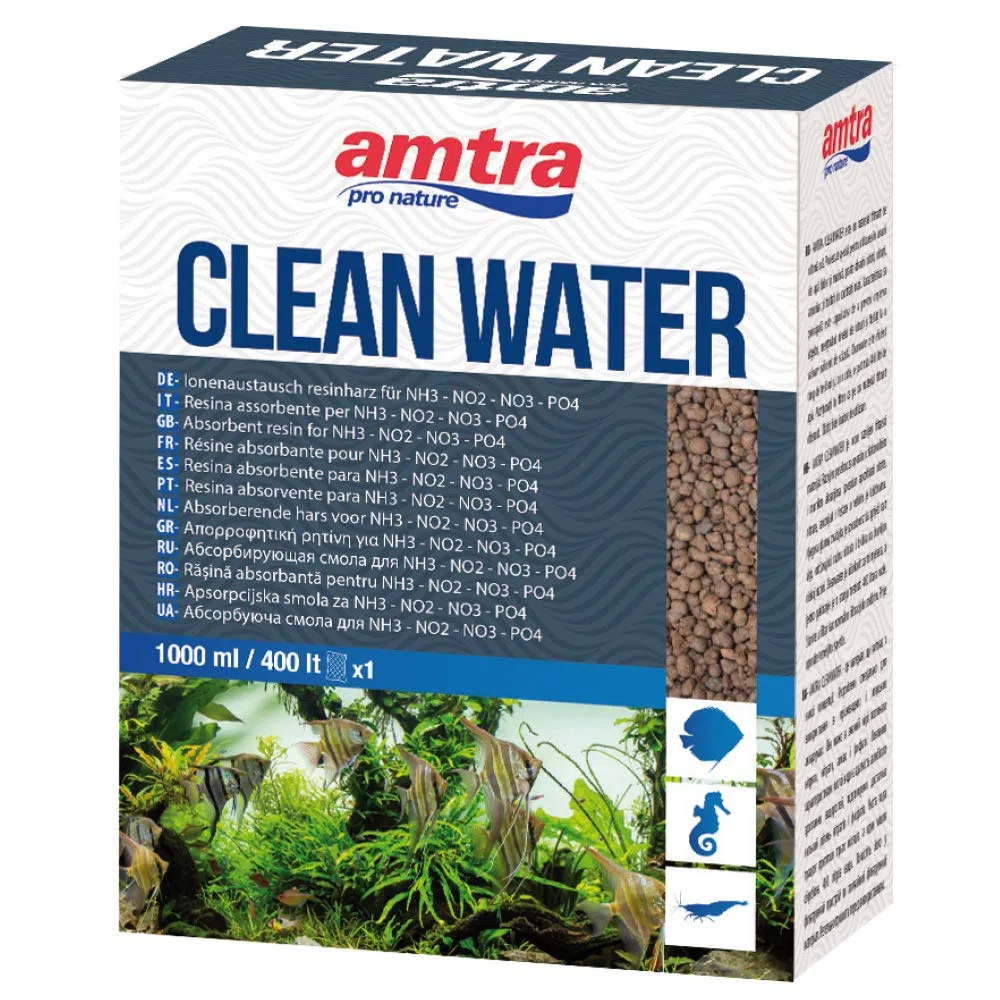 AMTRA CLEANWATER - Resina Assorbente per inquinanti organici (NH3 NO2 NO3 PO4) in acquari d'Acqua Dolce e Marina, Formato 1000 ml
