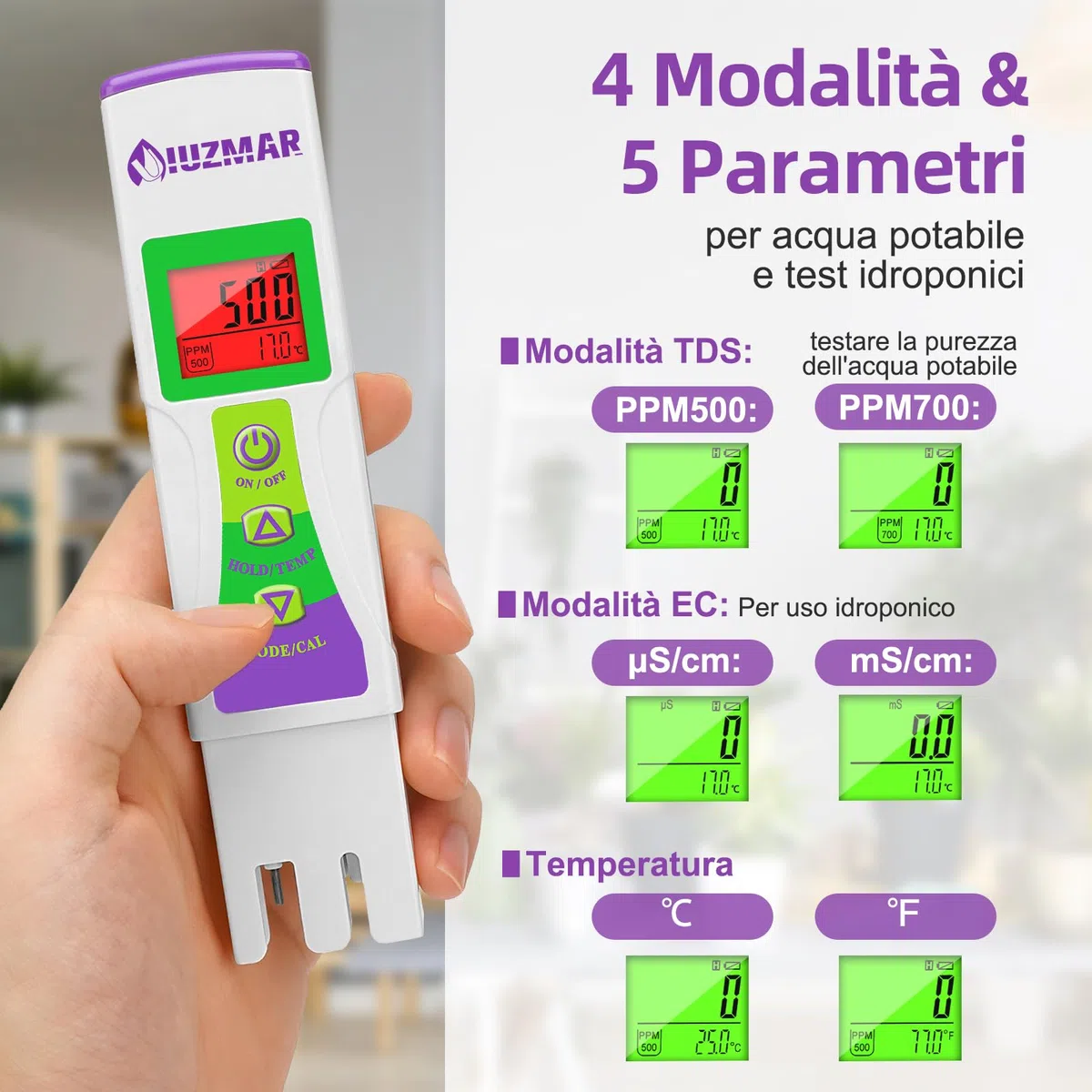 UIUZMAR Misuratore TDS Acqua, Misuratore della qualità dell'acqua per Osmosi Inversa, Acqua Potabile, Acquario, Durezza Osmosi, Tester TDS e EC 3 in 1 per Idroponica, Piscina