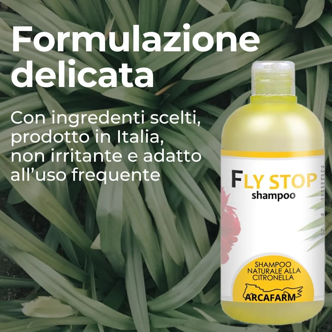 Shampoo alla Citronella per Cavalli 500 ml Fly Stop, prodotto Repellente naturale contro Insetti Mosche Zanzare Tafani, shampo per la Pulizia di Sporco ostinato di manto coda criniera - Made in Italy