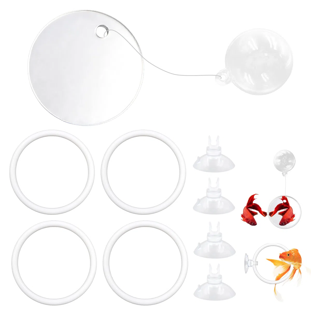 Betta Toys per acquario con specchio Betta, 4 anelli per l'alimentazione dei pesci per piccoli acquari, giocattoli per l'addestramento dei pesci, l'esercizio fisico, l'arricchimento delle tartarughe