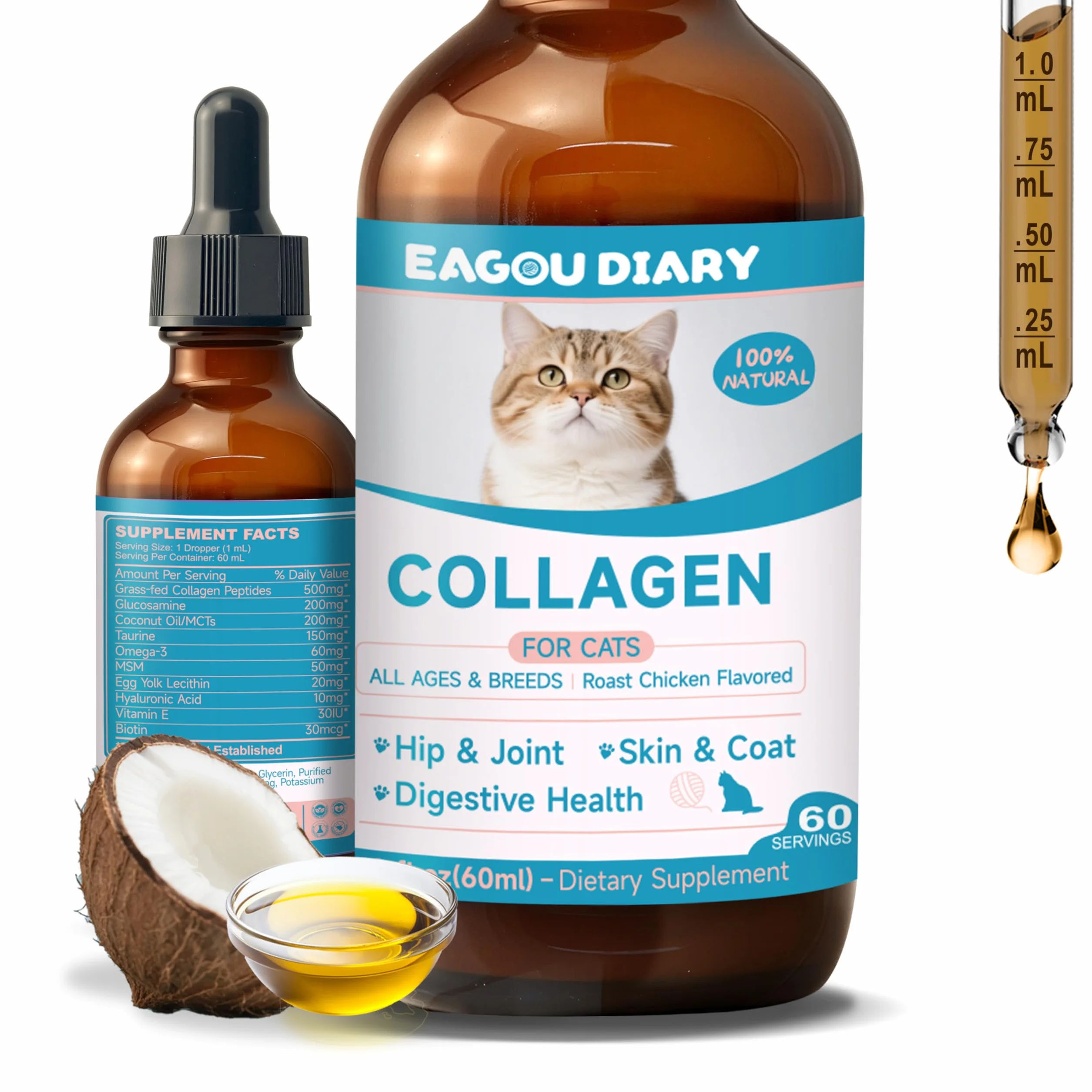 Eagou Diary Collagene per Gatti - Supplemento per Articolazioni e Flessibilità, Salute della Pelle e del Pelo, MSM, Glucosamina, Olio di Cocco, Vitamina E, Supporto Immunitario, 60ml