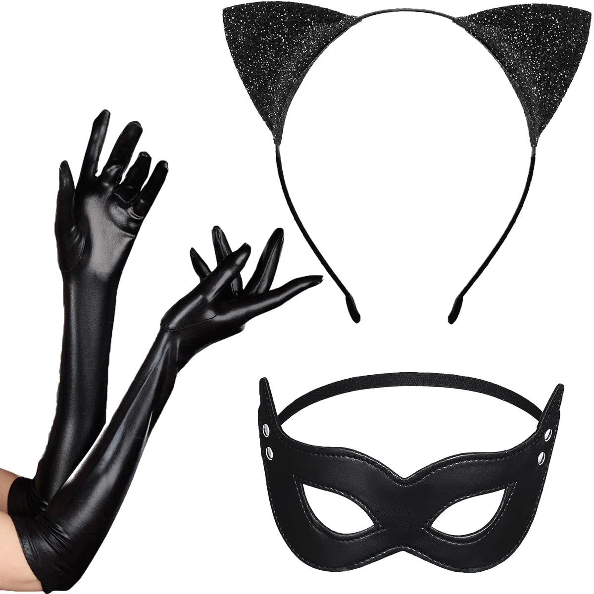 Set Completo per Costume da Gatto Halloween 3 Pezzi costume da gatto da donna con orecchie di gatto Gatto Cosplay Set Set Costume da Catwoman per Carnevale Halloween Cosplay Festa